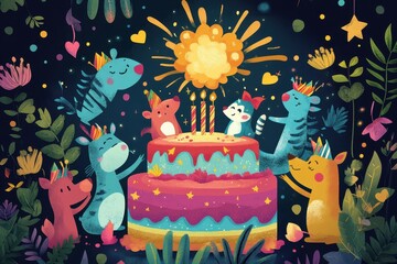 Festive Animals Celebrate Birthday Cake With Fireworks