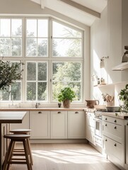 Bright Kitchen With Large Window and White Cabinets
