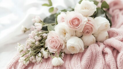 Obraz premium Delicate Pink Roses on Knitted Sweater - Soft, Romantic Bouquet