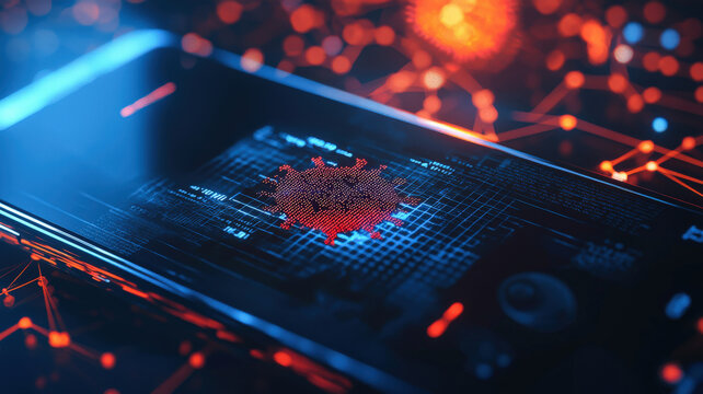 A close-up of a smartphone displaying a flashing virus alert, indicating an infected device. A digital shield icon in the background symbolizes cybersecurity protection against malware and threats.