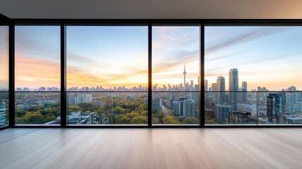 Breathtaking View of Toronto Skyline at Sunset from Modern Apartment with Floor-to-Ceiling Windows Showcasing Vibrant Colors and Cityscape