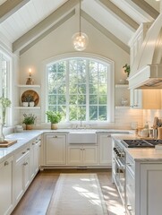 Bright White Kitchen With Large Window and Vaulted Ceiling