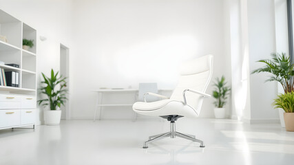 A white office interior with a focus on a sleek modern chair in close-up, vibrant colors, 8K resolution, and a soft, blurred background for a spacious effect