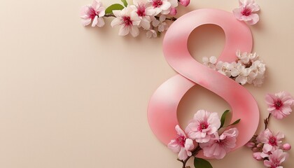 Number 8 with Pink floral frame with flowers, Flower arrangement with pink and white flowers in the shape of the number 8 on pink background