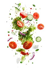 Fresh Salad Ingredients Explode in Air, Vibrant Colors, Healthy Eating