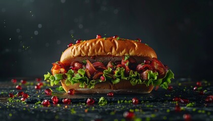 A close-up shot of a gourmet bacon and lettuce sandwich on a bun with pomegranate seeds scattered around it.