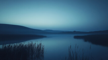 Fototapeta premium Tranquil Dusk on the Lake: A serene landscape photograph featuring a misty lake at dusk, with soft blue hues and silhouettes of hills in the background.