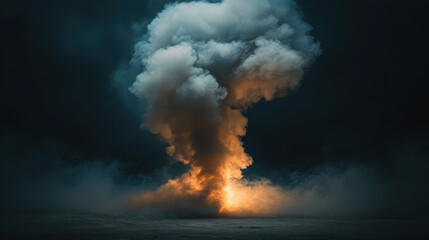 Fototapeta premium Explosive Smoke Plume: A dramatic and powerful image of a large, billowing smoke plume rising against a dark, atmospheric backdrop. The fiery glow at its base adds an intense and unsettling element.