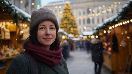 Fototapeta premium Woman Smiling at Christmas Markets in Salzburg, Back View with Falling Winter Snow, Celebrating Christmas Spirit, Festive Atmosphere, Winter Holiday Vibes, Ai generated images
