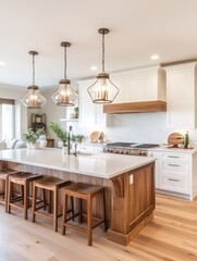 Modern Farmhouse Kitchen Island with Wooden Stools and Lighting