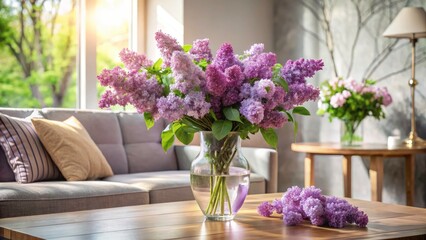 Beautiful Lilac Bouquet in Modern Living Room - Floral Arrangement with Glass Vase, Interior Design, Home Decor, Spring Flowers, Cozy Atmosphere