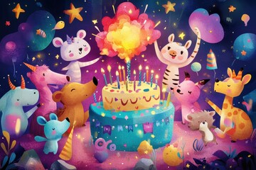 Naklejka premium Adorable Animals Celebrate Birthday Cake With Fireworks