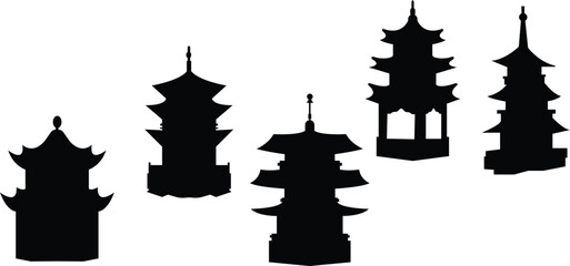 Travel landmark icons,Contour black solid vector,Pagoda silhouette black icons set,Japanese chinese architecture asian typical traditional building,Oriental temple house decorative design symbol