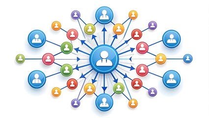 a group of people connected by social connections on a white background with a blue circle around them and a blue circle with a red circle with people.
