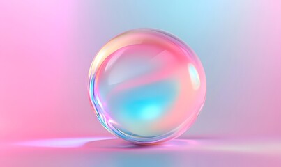 Iridescent glass sphere on pastel background.