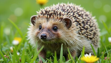 Fototapeta premium A charming cream-hued hedgehog stands confidently in a lush green meadow, its dark brown eyes gazing directly left