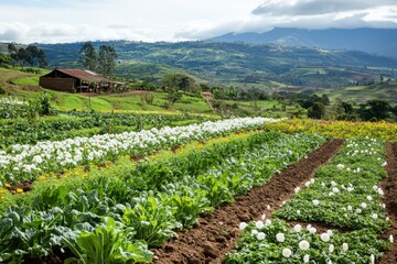 Lush Green Agricultural Landscape Featuring Rows of Vegetables and Flower Beds Under a Bright Blue Sky with Rolling Hills in the Background