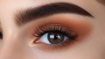 Obraz premium Close-up of a Woman's Eye with Shimmering Bronze Makeup
