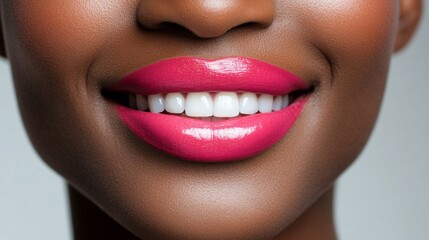 Fototapeta premium Closeup of a Woman's Smiling Mouth with Pink Lipstick