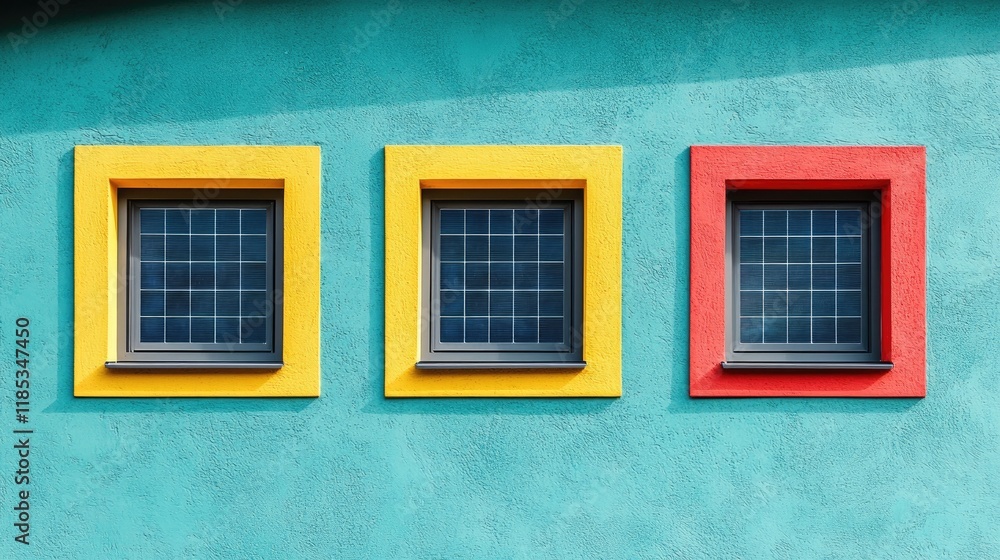 Poster vibrant colors of architecture: three windows on a teal wall. a captivating image featuring a modern