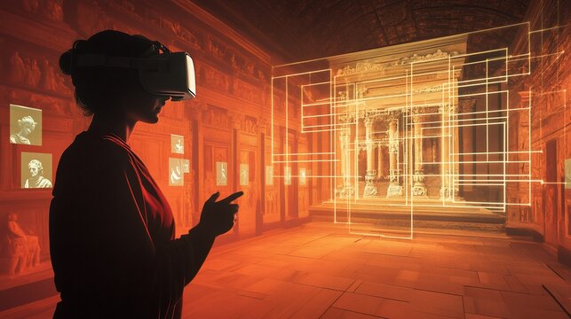 VR experience of ancient Roman architecture. Immersive virtual tour of historical site. Woman wearing VR headset exploring digital reconstruction of ancient temple.