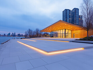 Obraz premium Waterfront Twilight Scene with Polished Concrete Structures