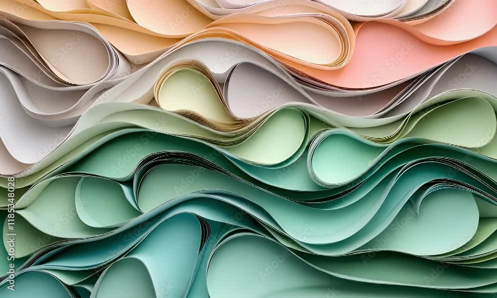 Poster abstract pastel paper waves, layered and curled, creating a dynamic texture and flowing design.