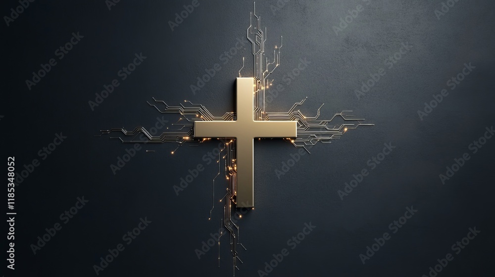 Poster golden cross with circuit patterns symbolizing faith and technology integration as a modern spiritua