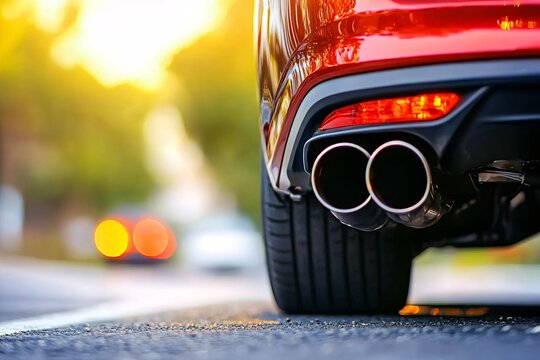 Revving performance car exhaust close-up urban street photography sunset dynamic angle automotive concept