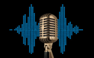 Microphone with sound waves. podcasting and audio recording work with black background blue waves. mic with waves. radio podcast broadcasting microphone