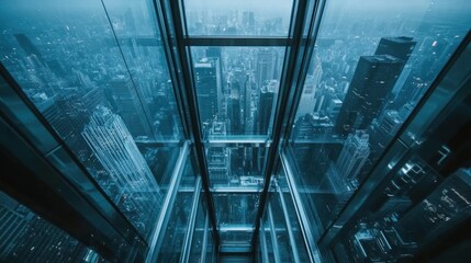 Obraz premium Urban Skyline Vista from Glass Elevator: A High-Rise Perspective of City Architecture and Modern Structures