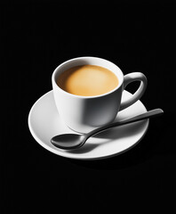 Fototapeta premium White coffee cup with black spoon resting on matching saucer on black background