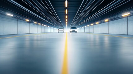 Modern cars parked in a futuristic underground parking garage illuminated by fluorescent lights creating a sleek and spacious environment for vehicles.