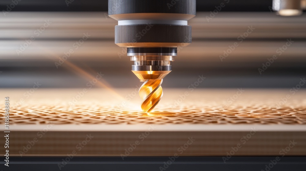Aufkleber high-precision cutting tool engaged in woodworking process with intricate designs, showcasing advanc