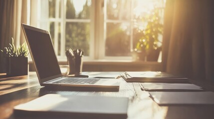 Fototapeta premium Professional Office Scene with Digital Devices and Light