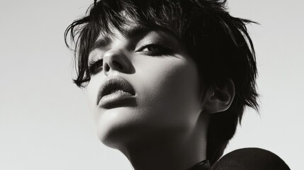 Close-up portrait of a woman with short hair, black and white photography © Pure Imagination