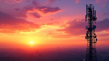 Naklejka premium Communication tower against a stunning sunset sky.