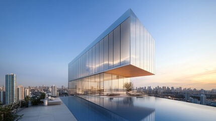 Fototapeta premium Modern architectural masterpiece with sleek glass design and infinity pool overlooking urban skyline at sunset, showcasing luxury and innovation in city planning