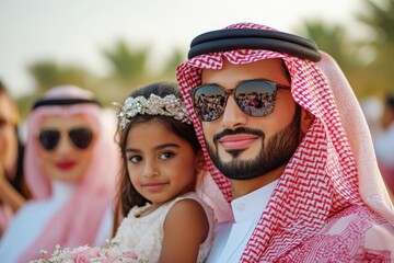 Middle eastern young adult male and child in traditional attire at outdoor event