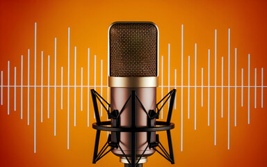 Microphone with sound waves on yellow background. podcasting and audio recording work. mic with...