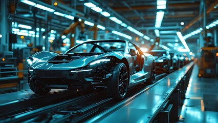 Car frame in an automotive factory on an assembly line.