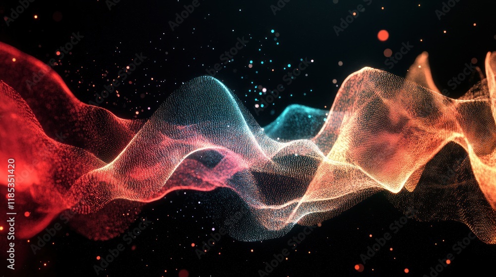 Poster abstract red and teal particle waves flowing in dark space: digital art
