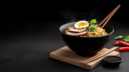 Delicious Bowl of Noodles with Egg and Sliced Chicken on a Wooden Board Surrounded by Fresh Red and Green Chilies Against a Dark Background