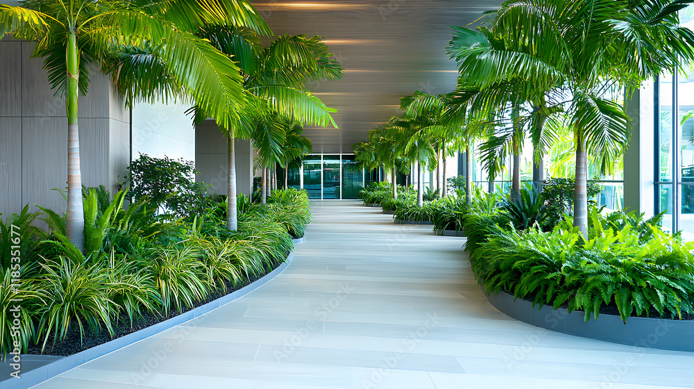 Poster A serene path lined with lush greenery leads to a glass entrance, creating a tranquil atmosphere in a modern architectural setting