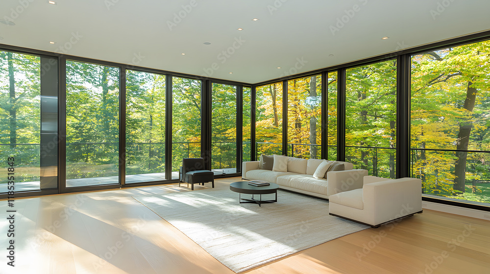 Poster a modern living room with large windows showcasing vibrant greenery, creating a bright and inviting 