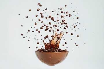 Fototapeta premium Dynamic Splash of Coffee Beans and Liquid in a Glass Bowl