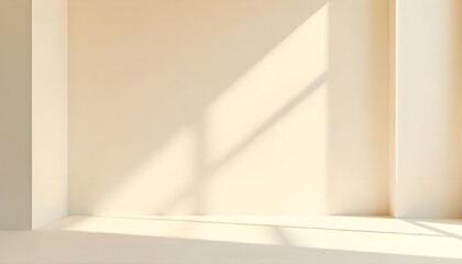 Fototapeta premium A minimalistic light beige background for product presentation, enhanced by soft lighting and intricate shadows cast from a window and wall