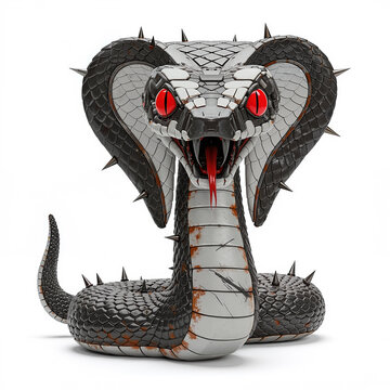 Rusty retro futuristic metal robot cobra snake with red eyes, scratches and visible sign of wear and tear damage - isolated on white background