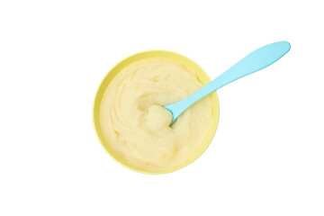 PNG, plate with baby food, top view, isolated on white background.