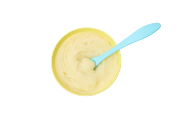 PNG, plate with baby food, top view, isolated on white background.